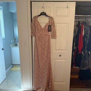 Mac Duggal Dusty Rose Lace V-Neck Long Sleeve Evening Gown